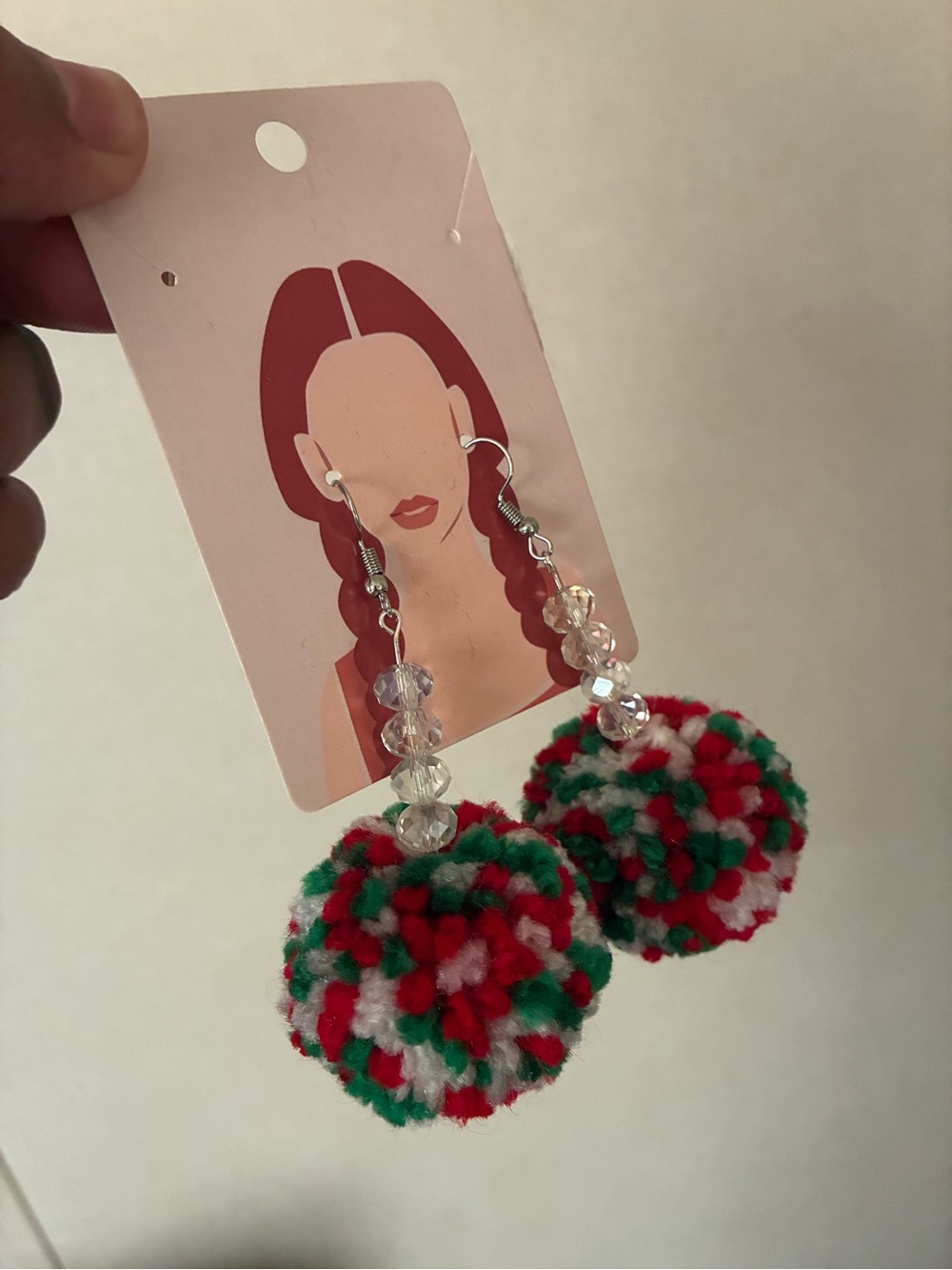 Festive Red Green White Pom Pom Drop Earrings